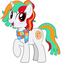Size: 1890x1948 | Tagged: safe, artist:lightning stripe, derpibooru exclusive, oc, oc only, oc:minty crumble, pony, unicorn, g4, clothes, commission, cutie mark, disguise, disguised changeling, female, freckles, hair bun, horn, mare, open mouth, raised hoof, red eyes, scarf, show accurate, simple background, solo, transparent background, tricolor mane, vector, white coat