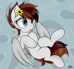 Size: 3000x2800 | Tagged: safe, artist:starmaster, oc, oc only, oc:becca, pegasus, pony, cute, flower, flower in hair, high res, hooves, ocbetes, simple background, solo, tongue out