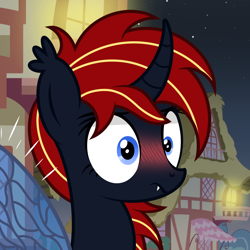 Size: 1500x1500 | Tagged: safe, artist:pizzamovies, oc, oc only, oc:scarlet scarab, changeling, pony, blushing, curved horn, ear fluff, fangs, female, horn, looking at something, mare, night, ponyville, solo, spread wings, stars, wide eyes, wingboner, wings
