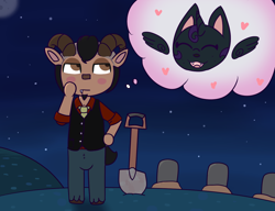 Size: 1300x1000 | Tagged: safe, alternate version, artist:lazerblues, oc, oc only, oc:lazerblues, oc:mal, satyr, animal crossing, gravestone, graveyard, night, offspring, parent:oc:nyx, shovel, stars