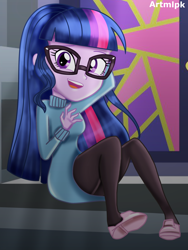 Size: 1536x2048 | Tagged: safe, artist:artmlpk, sci-twi, twilight sparkle, equestria girls, g4, adorable face, adorkable, alternate hairstyle, beautiful, clothes, cute, dork, female, glasses, looking at you, meganekko, sitting, smiling, smiling at you, solo, sweater, turtleneck, twiabetes
