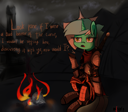 Size: 4000x3500 | Tagged: safe, artist:mjsw, lyra heartstrings, pony, unicorn, g4, armor, bonfire, crossover, dark souls, female, fire, monologue, reference, solo, text