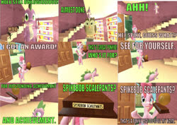 Size: 750x530 | Tagged: safe, artist:undeadponysoldier, owlowiscious, pinkie pie, spike, bird, dragon, owl, pony, comic:big pinkie loser, series:spikebob scalepants, g4, 3d, big pink loser, duo, female, gmod, golden oaks library, male, mare, reward, scared, silly, spongebob squarepants, trophy