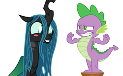 Size: 1127x697 | Tagged: safe, edit, edited edit, editor:undeadponysoldier, vector edit, queen chrysalis, spike, alicorn, changeling, changeling queen, dragon, pony, g4, blushing, cute, cutealis, female, impressed, looking good spike, male, muscles, ship:chryspike, shipping, simple background, stool, straight, white background