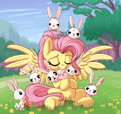 Size: 2296x2160 | Tagged: safe, artist:pirill, angel bunny, derpy hooves, fluttershy, pegasus, pony, rabbit, g4, the last problem, accessory, animal, bush, cloud, cute, daaaaaaaaaaaw, dandelion, ear fluff, eyes closed, female, flower, grass, grass field, ground, hidden derpy, high res, hnnng, hug, male, mare, mountain, older, older fluttershy, path, scenery, shyabetes, signature, sitting, sky, smiling, solo focus, spread wings, tail, tree, weapons-grade cute, when you see it, wings