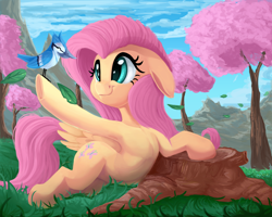 Size: 2000x1603 | Tagged: safe, artist:discorded, fluttershy, bird, blue jay, pegasus, pony, g4, armpits, cherry blossoms, cute, female, floppy ears, flower, flower blossom, leaf, leaves, mare, on side, shyabetes, solo, tree, tree stump