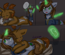 Size: 3950x3350 | Tagged: safe, artist:floralshitpost, oc, oc only, oc:littlepip, oc:rotor, pony, unicorn, fallout equestria, bed, body pillow, clothes, comic, commission, cuddling, fanfic, fanfic art, female, floppy ears, glowing horn, high res, hooves, horn, hug, jumpsuit, levitation, lying down, magic, mare, night, open mouth, pipbuck, question mark, screwdriver, sleeping, solo, standing, telekinesis, vault suit
