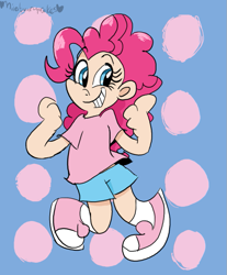 Size: 663x800 | Tagged: safe, artist:mirabuncupcakes15, pinkie pie, human, g4, clothes, converse, female, grin, humanized, shirt, shoes, shorts, smiling, socks, solo, t-shirt