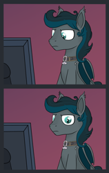 Size: 630x1000 | Tagged: source needed, safe, artist:flyingsaucer, oc, oc only, oc:flying saucer, bat pony, pony, collar, computer, male, meme, monitor, solo, stallion