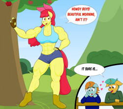 Size: 4030x3574 | Tagged: safe, artist:matchstickman, apple bloom, snails, snips, earth pony, unicorn, anthro, plantigrade anthro, matchstickman's apple brawn series, g4, abs, apple, apple bloom's bow, apple brawn, apple tree, armpits, biceps, boots, bow, breasts, busty apple bloom, clothes, deltoids, dialogue, female, fence, fingerless gloves, floating heart, floppy ears, gloves, hair bow, hand on hip, heart, infatuation, jeans, looking at you, male, mare, midriff, muscles, muscular female, older, older apple bloom, pants, pecs, redraw, ship:snailbloom, shipping, shoes, short jeans, snipsbloom, speech bubble, sports bra, straight, sweet apple acres, talking to viewer, thighs, thunder thighs, tree, trio