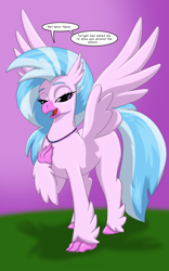 Size: 1250x2000 | Tagged: safe, artist:runningtoaster, silverstream, classical hippogriff, hippogriff, g4, beak, bedroom eyes, female, hand on chest, jewelry, looking at you, necklace, open beak, open mouth, open smile, raised claw, request, smiling, smiling at you, solo, speech bubble, spread wings, talking, talking to viewer, wings