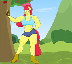 Size: 4030x3574 | Tagged: safe, alternate version, artist:matchstickman, apple bloom, earth pony, anthro, plantigrade anthro, matchstickman's apple brawn series, g4, abs, apple, apple bloom's bow, apple brawn, apple tree, armpits, biceps, boots, bow, breasts, busty apple bloom, clothes, deltoids, female, fingerless gloves, gloves, hair bow, hand on hip, jeans, looking at you, mare, midriff, muscles, muscular female, no dialogue, older, older apple bloom, pants, pecs, shoes, short jeans, solo, sports bra, sweet apple acres, thighs, thunder thighs, tree