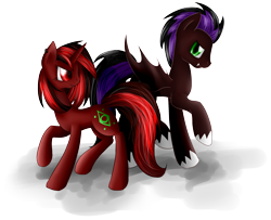 Size: 2400x1950 | Tagged: safe, artist:mufflinka, oc, oc only, oc:anzu, oc:fuego, bat pony, pony, unicorn, bat pony oc, bat wings, horn, red and black mane, red and black oc, red eyes, simple background, transparent background, unicorn oc, wings