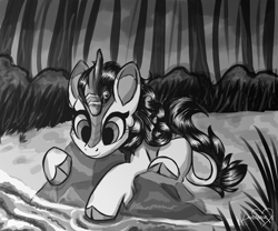 Size: 6000x5000 | Tagged: safe, artist:lavenderheartsmlp, autumn blaze, kirin, g4, absurd resolution, female, forest, mare, monochrome, rock, signature, smiling, solo, water