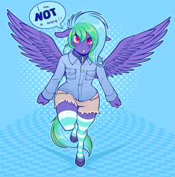 Size: 1973x2000 | Tagged: safe, artist:melangetic, oc, oc only, oc:weldbead, pegasus, anthro, unguligrade anthro, anthro oc, clothes, collar, crossdressing, cute, femboy, male, no source available, pouting, shorts, simple background, socks, solo, stallion, striped socks, thigh highs, thighs, thunder thighs, trap