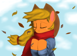 Size: 1334x976 | Tagged: safe, artist:stevethebrony, applejack, earth pony, pony, g4, applejack's hat, autumn, clothes, cloud, cowboy hat, eyes closed, falling leaves, female, hat, leaves, redraw, scarf, shirt, sky, solo, wind