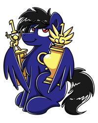 Size: 2048x2560 | Tagged: safe, artist:sugar morning, oc, oc only, oc:jet black, pegasus, pony, colored, commission, high res, holding, male, simple background, sitting, smiling, smug, transparent background, trophy