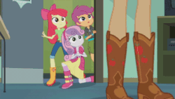 Size: 1200x676 | Tagged: safe, screencap, apple bloom, applejack, scootaloo, sweetie belle, equestria girls, g4, happily ever after party, happily ever after party: applejack, my little pony equestria girls: better together, animated, apple bloom's bow, boots, bow, box, chair, clothes, cowboy boots, cutie mark crusaders, desk, door, female, gif, hair bow, hoodie, jacket, jeans, lantern, pants, projector, shoes, shorts, skirt, sneaking