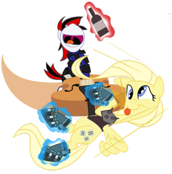 Size: 811x825 | Tagged: safe, artist:dotrook, oc, oc only, oc:blackjack, oc:psychoshy, pegasus, pony, unicorn, fallout equestria, fallout equestria: project horizons, alcohol, cello, derp, fanfic art, implied octavia melody, musical instrument, nose in the air, power hoof, simple background, transparent background, vault security armor, whiskey