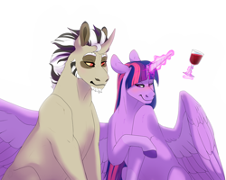 Size: 4000x3200 | Tagged: safe, artist:mandywuuf8, discord, twilight sparkle, alicorn, pony, g4, alcohol, blushing, female, glass, glowing horn, horn, levitation, looking away, magic, male, mare, one wing out, pony discord, ship:discolight, shipping, simple background, stallion, straight, telekinesis, twilight sparkle (alicorn), white background, wine, wine glass, wings
