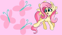 Size: 3840x2160 | Tagged: safe, artist:sadtrooper, fluttershy, pegasus, pony, g4, cute, cutie mark, cutie mark background, female, floppy ears, flying, high res, mare, open mouth, open smile, pink background, shyabetes, simple background, smiling, solo, spread wings, wallpaper, wings