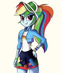 Size: 1660x2000 | Tagged: safe, artist:sadtrooper, rainbow dash, equestria girls, g4, my little pony equestria girls: better together, cute, dashabetes, female, hand on hip, ponytail, simple background, smiling, solo, visor, white background