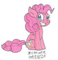 Size: 860x883 | Tagged: safe, artist:cmara, pinkie pie, earth pony, pony, g4, cute, diapinkes, female, looking at you, mare, sitting, smiling, smiling at you, solo, traditional art