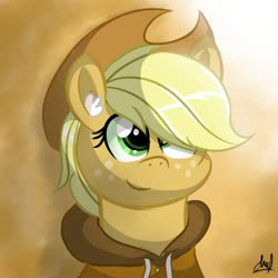 Size: 600x600 | Tagged: safe, artist:grithcourage, applejack, earth pony, pony, g4, adorable face, applejack's hat, bust, clothes, cowboy hat, cute, female, freckles, hat, jackabetes, jacket, looking up, mare, signature, solo