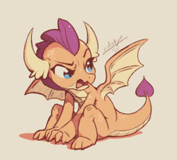 Size: 1200x1085 | Tagged: safe, artist:assasinmonkey, smolder, dragon, g4, angry, cute, dragoness, female, looking sideways, madorable, open mouth, simple background, sitting, smolderbetes, solo, spread wings, tan background, wings