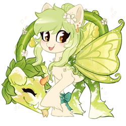 Size: 1280x1280 | Tagged: safe, artist:glitterring, cow plant pony, monster pony, original species, plant pony, :p, augmented tail, bow, butterfly wings, ear piercing, eyes closed, fangs, female, flower, flower in hair, forked tongue, hoof fluff, horn, piercing, plant, simple background, smiling, tongue out, transparent background, wings