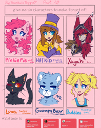 Size: 1971x2500 | Tagged: safe, artist:tay-niko-yanuciq, pinkie pie, cat, earth pony, human, pony, g4, :d, a hat in time, bubbles (powerpuff girls), bust, care bears, chest fluff, clothes, crossover, female, frown, grumpy bear, hat, hat kid, league of legends, luna (sailor moon), mare, one eye closed, sailor moon (series), six fanarts, the powerpuff girls, top hat, wink, xayah