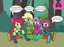Size: 1097x808 | Tagged: safe, artist:author92, apple bloom, applejack, scootaloo, sweetie belle, equestria girls, g4, alternate clothes, blindfold, bondage, bound and gagged, brightly colored ninjas, cleave gag, cutie mark crusaders, female, forest, gag, kunoichi, mask, ninja, rope, sandals, sibling rivalry, siblings, sisters, tied up
