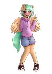 Size: 2893x4092 | Tagged: safe, alternate version, artist:koizumisho, oc, oc only, oc:mango foalix, pegasus, anthro, background removed, clothes, commission, cute, female, hoodie, peace sign, pegasus oc, shorts, simple background, solo, transparent background, wings, ych result