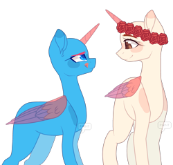 Size: 2353x2249 | Tagged: safe, artist:paintpalet35, oc, oc only, alicorn, pony, alicorn oc, base, blushing, duo, floral head wreath, flower, high res, horn, licking, licking lips, looking at each other, simple background, smiling, tongue out, transparent background, wings