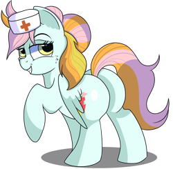 Size: 1280x1255 | Tagged: safe, artist:rainbowtashie, oc, oc:instant care, earth pony, pegasus, pony, butt, commissioner:bigonionbean, female, flank, fusion, fusion:lightning dust, fusion:nurse redheart, hat, mare, nurse hat, plot, simple background, sultry pose, transparent background, writer:bigonionbean