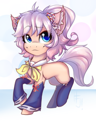 Size: 1393x1852 | Tagged: safe, artist:falafeljake, oc, oc only, oc:howan, earth pony, pony, bowtie, chest fluff, clothes, crossover, ear fluff, female, lifted leg, looking at you, mare, ponified, show by rock!!, simple background, smiling, socks, solo, standing
