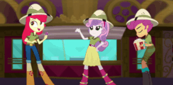 Size: 1200x592 | Tagged: safe, screencap, apple bloom, scootaloo, sweetie belle, equestria girls, g4, my little pony equestria girls: summertime shorts, the canterlot movie club, animated, boots, cinema, clothes, cutie mark crusaders, female, gif, hat, jeans, looking at something, pants, pointing, running, shirt, shoes, shorts, skirt, smiling
