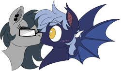 Size: 2841x1667 | Tagged: safe, artist:taaffeiite, derpibooru exclusive, oc, oc only, oc:graphite, oc:sagittarius, bat pony, bat pony oc, bat wings, blushing, bust, commission, kiss on the lips, kissing, simple background, surprise kiss, surprised, transparent background, wide eyes, wings