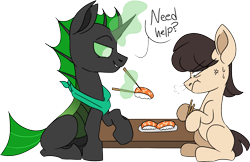 Size: 2635x1711 | Tagged: safe, artist:taaffeiite, derpibooru exclusive, oc, oc only, oc:verdant gear, unnamed oc, changeling, earth pony, pony, angry, changedling oc, changeling oc, chopsticks, commission, cross-popping veins, dialogue, duo, earth pony problems, female, food, green changeling, holeless, magic, male, mare, meat, ponies eating meat, simple background, speech bubble, stallion, sushi, sweat, telekinesis, transparent background