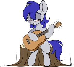 Size: 1052x941 | Tagged: safe, artist:taaffeiite, derpibooru exclusive, oc, oc only, oc:delta, earth pony, pony, acoustic guitar, commission, guitar, male, musical instrument, simple background, solo, stallion, transparent background, tree stump