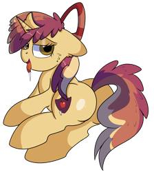 Size: 4300x4800 | Tagged: safe, artist:rainbowtashie, oc, oc:sparkling apples, earth pony, pony, unicorn, bow, butt, commissioner:bigonionbean, cutie mark, drool, female, flank, fusion, fusion:apple bloom, fusion:dinky hooves, mare, plot, simple background, sultry pose, transparent background, writer:bigonionbean