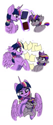 Size: 780x1815 | Tagged: safe, artist:celestial-rainstorm, twilight sparkle, oc, oc:dawn star, alicorn, pony, unicorn, g4, book, female, filly, magic, mother and child, mother and daughter, offspring, paper, parent:stygian, parent:twilight sparkle, parents:twigian, simple background, twilight sparkle (alicorn), white background