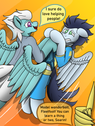 Size: 3024x4032 | Tagged: safe, artist:tacomytaco, fleetfoot, soarin', spitfire, pegasus, pony, comic:wedgiebolts academy, g4, briefs, clothes, comic, flying, frontal wedgie, gradient background, gritted teeth, offscreen character, pain, shirt, shorts, speech bubble, spread wings, text, underwear, warmup suit, wedgie, wing hands, wings