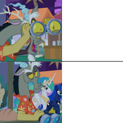 Size: 500x500 | Tagged: safe, edit, edited screencap, screencap, discord, princess celestia, princess luna, alicorn, draconequus, pony, g4, season 9, the summer sun setback, beautiful, before and after, binoculars, bread, canterlot, clothes, disappointed, discord being discord, discord is not amused, ethereal mane, ethereal tail, expecting, female, flowing mane, flowing tail, food, hawaiian shirt, immature, lidded eyes, male, meme, meme template, multicolored mane, multicolored tail, night, obscured face, royal sisters, shrunken pupils, siblings, sisters, snaggletooth, unamused, walking, yellow sclera