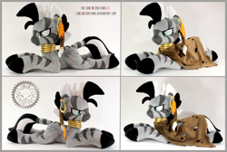 Size: 2712x1819 | Tagged: safe, artist:lioncubcreations, oc, oc:xenith, pony, zebra, fallout equestria, braid, clothes, coat, commission, determined, ear piercing, earring, fanfic art, feather, irl, jewelry, multiple views, neck rings, photo, piercing, plushie, scar, solo, stripes