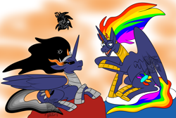 Size: 3913x2628 | Tagged: safe, artist:sapphirus, oc, alicorn, pony, annoyed, commission, discussion, event horizon, evil side, father: sombra, good side, high res, king, male, rainbow, rainbow horizon, same-being, sombra eyes, stallion