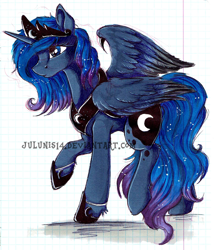 Size: 1726x2016 | Tagged: safe, artist:julunis14, princess luna, alicorn, pony, g4, constellation, female, graph paper, mare, solo, traditional art, watermark