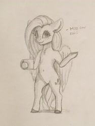 Size: 3024x4032 | Tagged: safe, artist:miokomata, fluttershy, pegasus, semi-anthro, g4, arm hooves, belly button, bipedal, chest fluff, coffee mug, dialogue, featureless crotch, female, freckles, freckleshy, monochrome, mug, open mouth, simple background, sketch, solo, traditional art