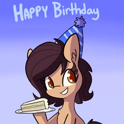 Size: 2250x2250 | Tagged: safe, artist:tjpones, oc, oc only, oc:lockheart, earth pony, pony, birthday cake, cake, chest fluff, female, food, gradient background, hat, high res, mare, party hat, solo