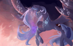 Size: 2560x1600 | Tagged: safe, artist:equum_amici, artist:gianghanz, princess luna, alicorn, pony, g4, animated, cinemagraph, female, flying, jewelry, no sound, runes, scenery, smiling, solo, too big for derpibooru, webm, wing jewelry